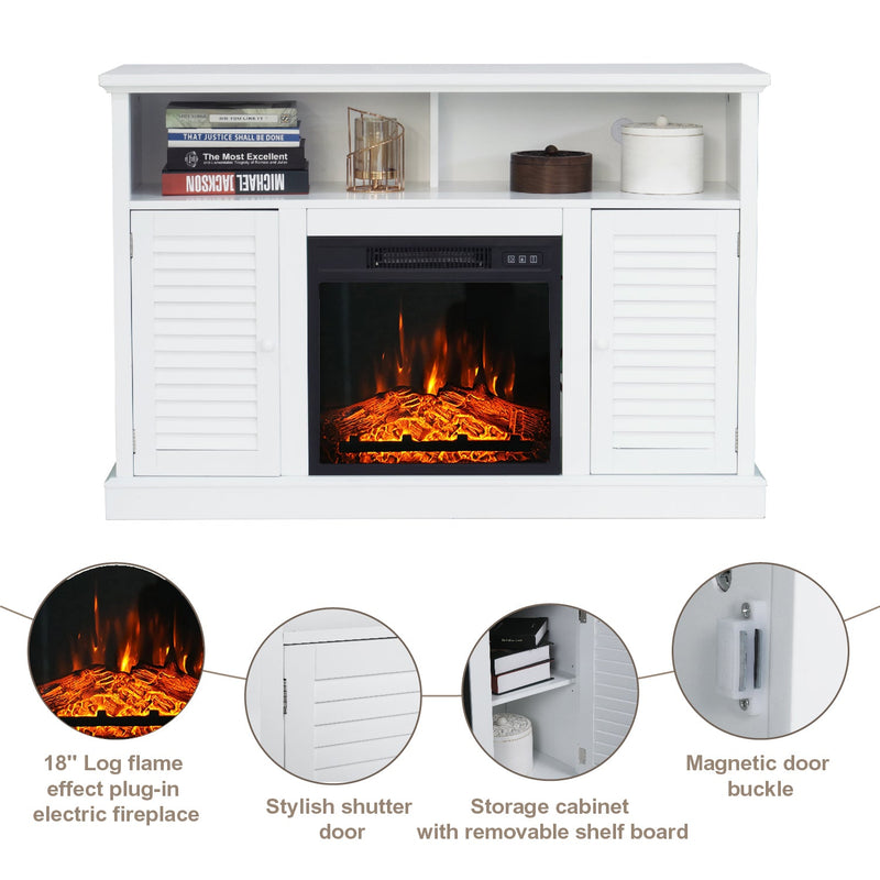 PHI VILLA 47" 1400W Electric Fireplace TV Stand Heater with Built-In Bookshelves and Cupboards - White