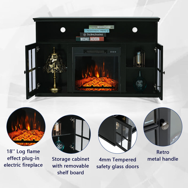 PHI VILLA 48 Inch Wooden Electric Fireplace Corner TV Stand with Open Storage Shelves , Cabinets & Glass Door- Brown