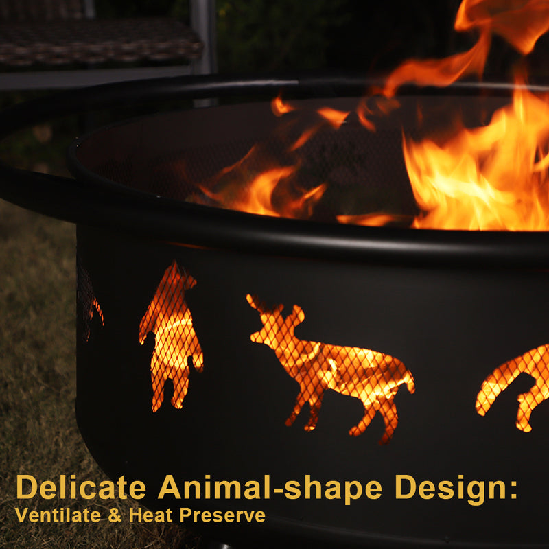 PHI VILLA 36" hollowed out animal-shaped pattern fire pit with lid and  Poker