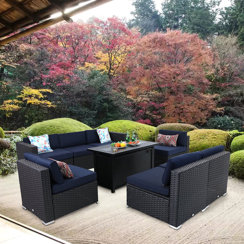 PHI VILLA Gas Fire Pit Table 45" x 23" 50,000BTU & Rattan Wicker Sectional Sofa 9-Piece Set