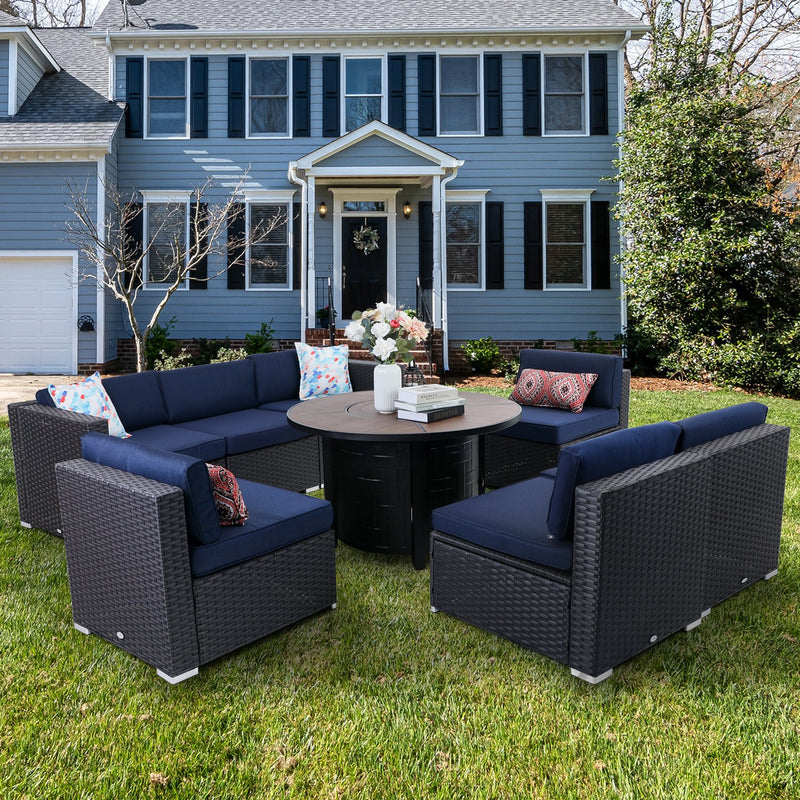 PHI VILLA 9-Piece Outdoor Fire Pit Set Rattan Sectional Sofa & 50,000BTU Wood-look Round Fire Pit Table