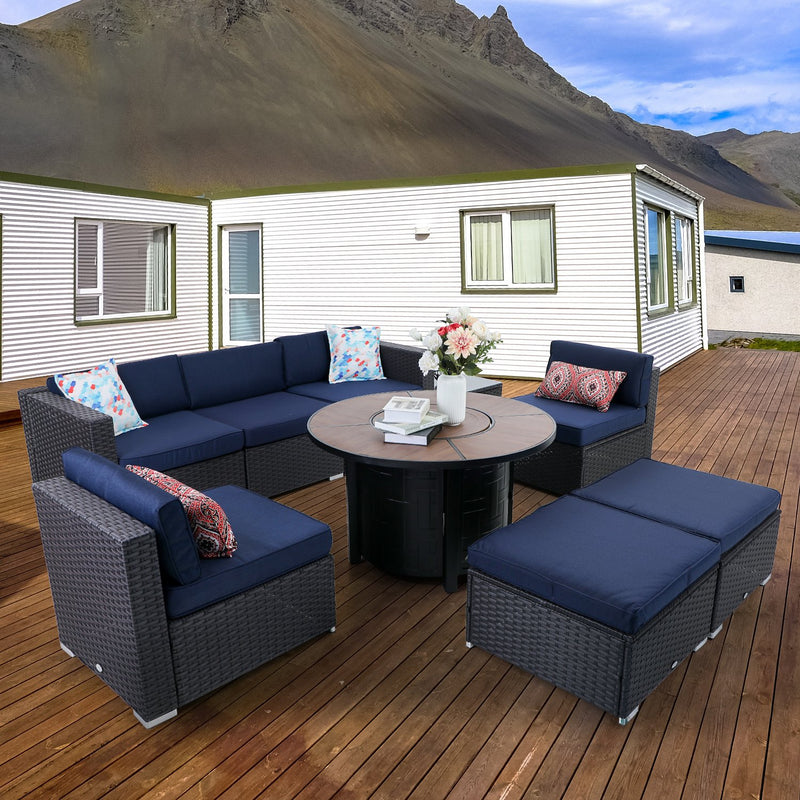 PHI VILLA 9-Piece Outdoor Fire Pit Set Rattan Sectional Sofa & 50,000BTU Wood-look Round Fire Pit Table