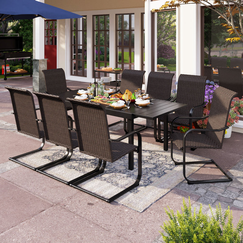 Phi Villa 7-Piece/9-Piece Patio Outdoor Dining Set with Steel Extendable Table & Rattan C-spring Chairs