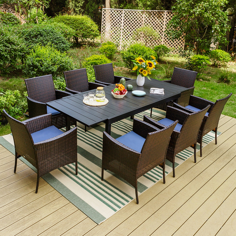 PHI VILLA 7 piece/ 9 piece Patio Dining Set With Rattan Cushioned Chairs & Extendable Steel Table