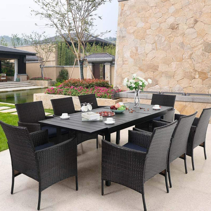 PHI VILLA 7 piece 9 piece Patio Dining Set With Rattan Cushioned Chairs & Extendable Steel Table