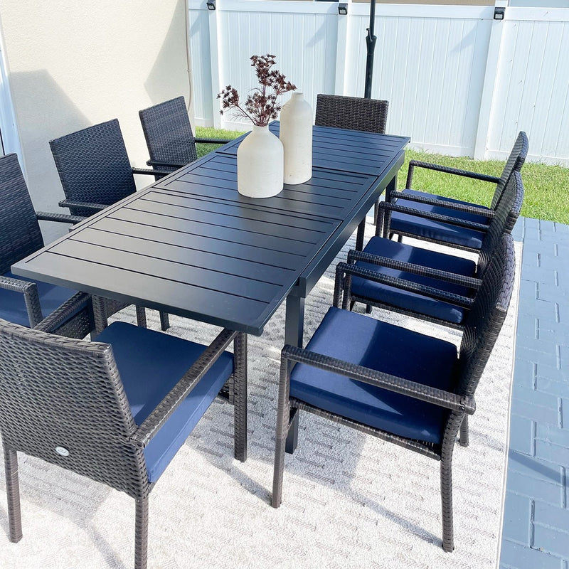 PHI VILLA 7 piece/ 9 piece Patio Dining Set With Rattan Cushioned Chairs & Extendable Steel Table