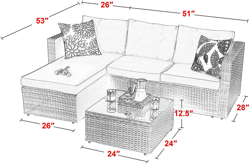 PHI VILLA 3-Piece Patio L-Shaped Rattan Sectional Sofa Set With Cushions