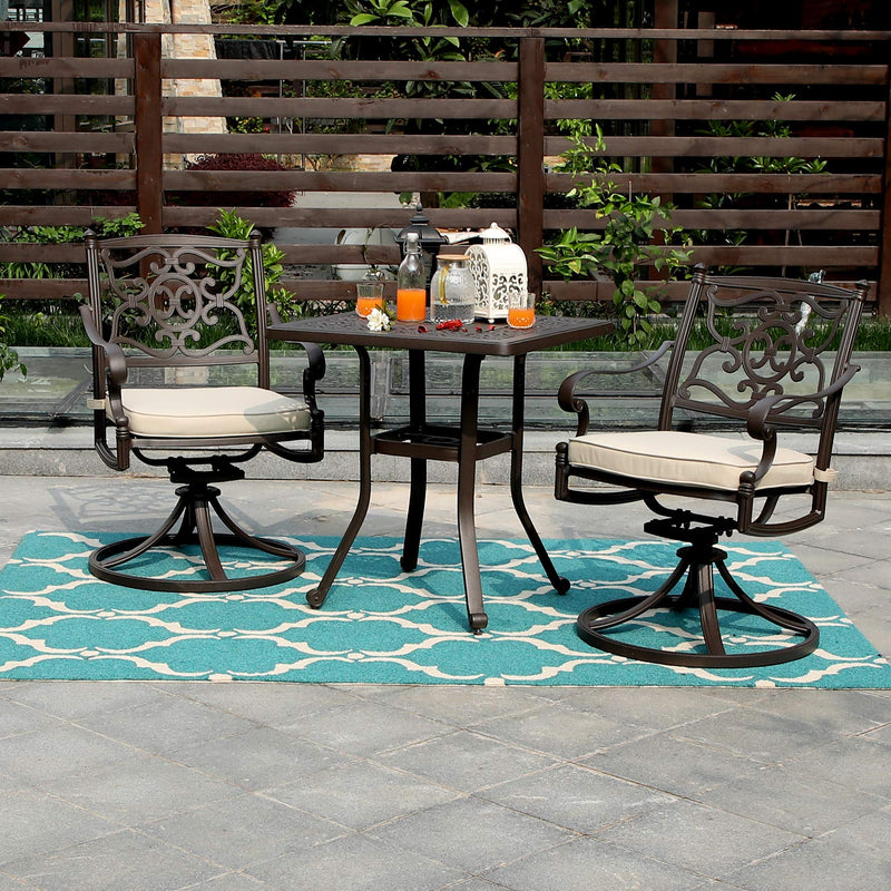 PHI VILLA Cast Aluminum Patio Square Dining Table with Umbrella Hole