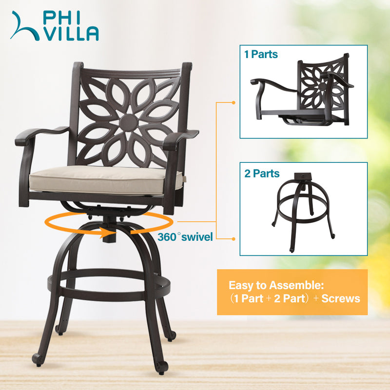 Phi Villa 3-Piece Cast Aluminum Square Table & 2 Patio High Swivel Bistro Bar Stools Chairs Set