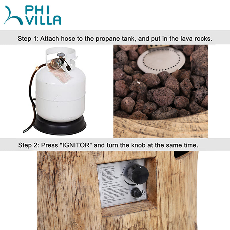 PHI VILLA 29 Inch 30,000 BTU Outdoor Terrafab Round Gas Fire Pit With Lava Rocks & PVC Rain Cover