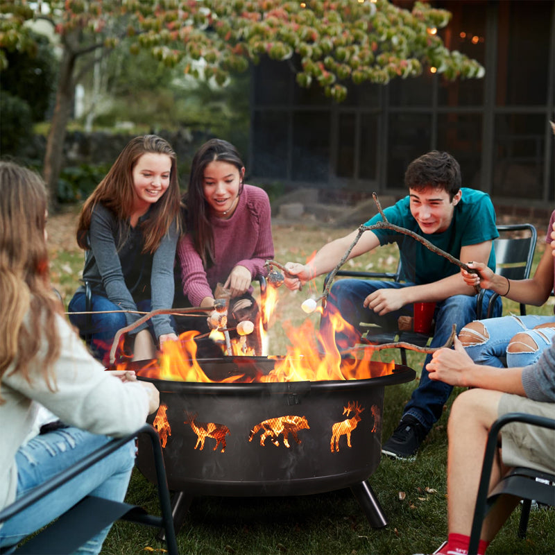PHI VILLA 36" hollowed out animal-shaped pattern fire pit with lid and Poker