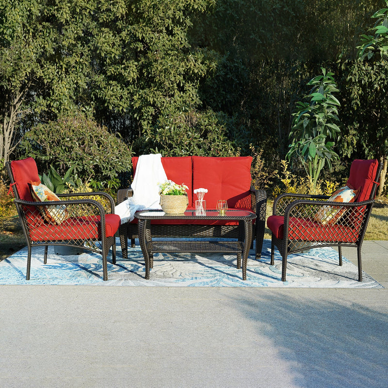 PHI VILLA 4-Piece Patio Wicker Rattan Patio Conversation Set Rattan Sofa Set
