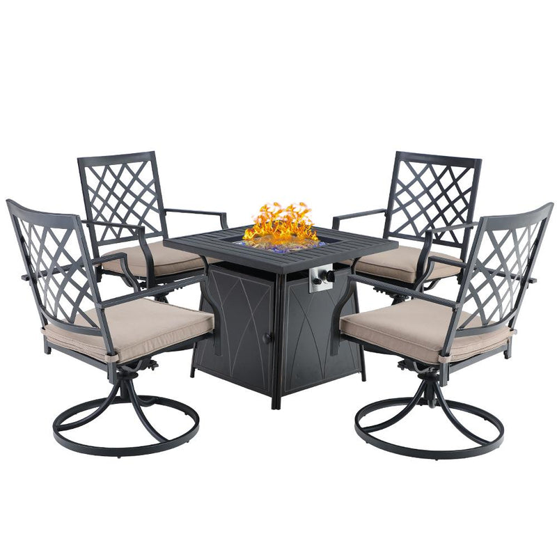 PHI VILLA 5-Piece Patio Fire Pit Set Steel Swivel Chairs With Cushions & 50,000BTU Square Fire Pit Table