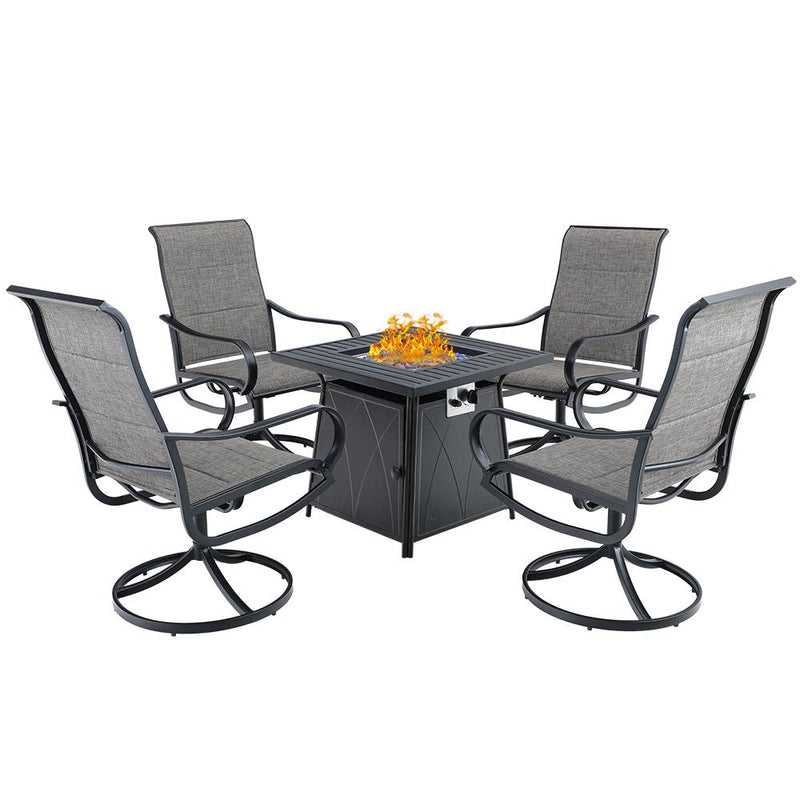 PHI VILLA 5-Piece Outdoor Fire Pit Set Textilene Swivel Chairs & 50,000BTU Square Fire Pit Table