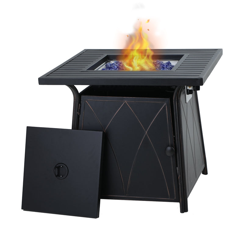 PHI VILLA 28 Inch 50,000BTU Patio Metal Gas Fire Pit Table With Lid & Blue Fire Glass