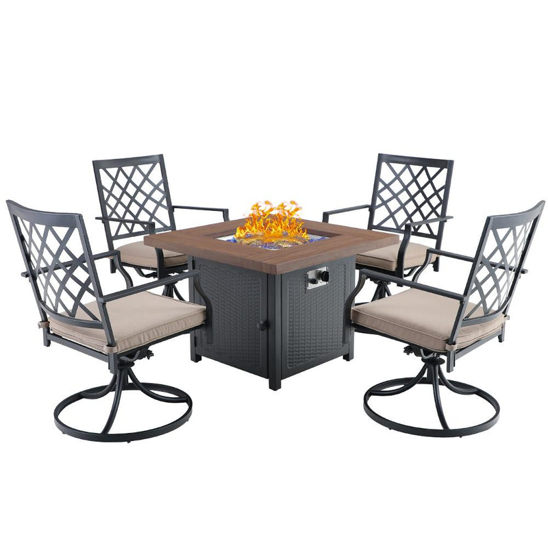 PHI VILLA 5-Piece Outdoor Fire Pit Set Steel Swivel Chairs & 50,000BTU Wood-look Square Fire Pit Table