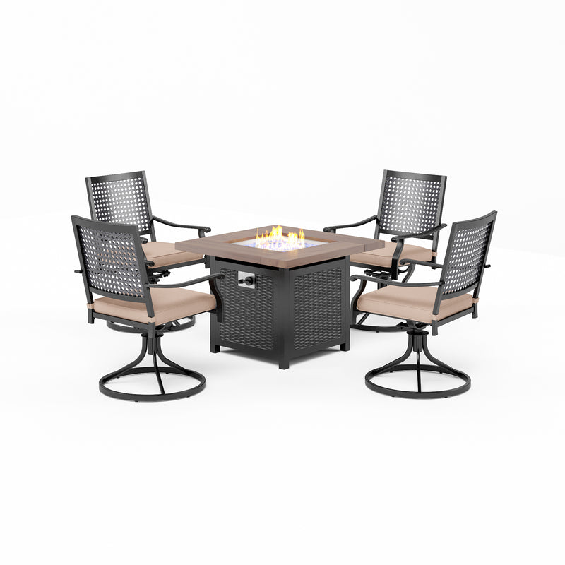 PHI VILLA 5-Piece Patio Fire Pit Set 50000BTU Square Fire Pit Table with Lid & Steel Swivel Chairs