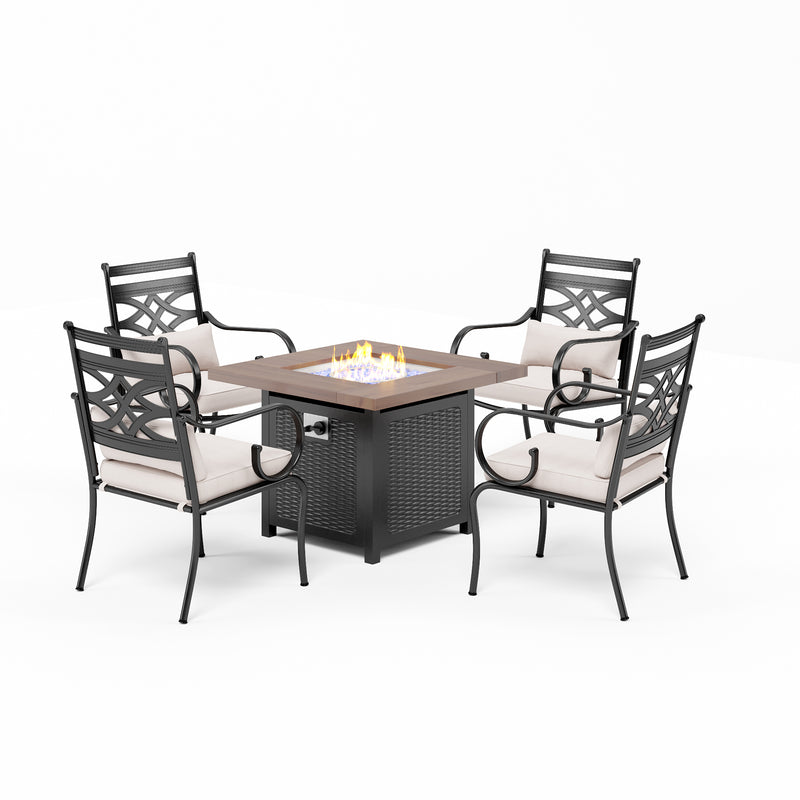 PHI VILLA 5-Piece 50000BTU Square Fire Pit Table & Steel Fixed Chairs