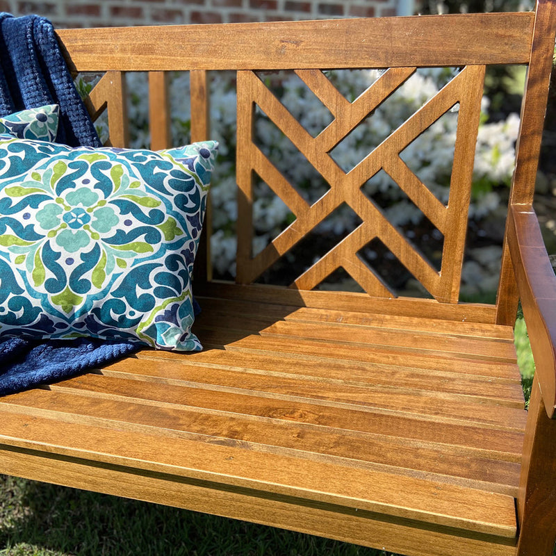 PHI VILLA 2 Seat Outdoor Wooden Brown Bench With Curved Wide Armrest Porch Chair