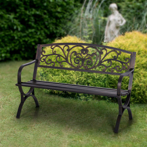 PHI VILLA 50 Inch Garden Outdoor Bench Cast Iron Steel Frame Apple Blossom Pattern