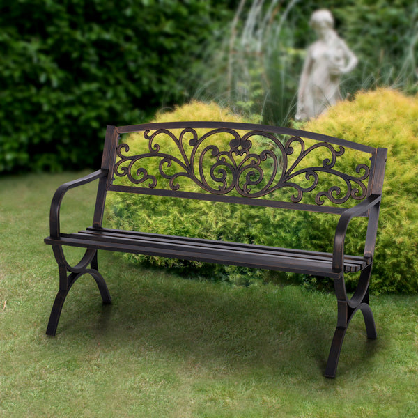 PHI VILLA 50 Inch Garden Outdoor Bench Cast Iron Steel Frame Apple Blossom Pattern