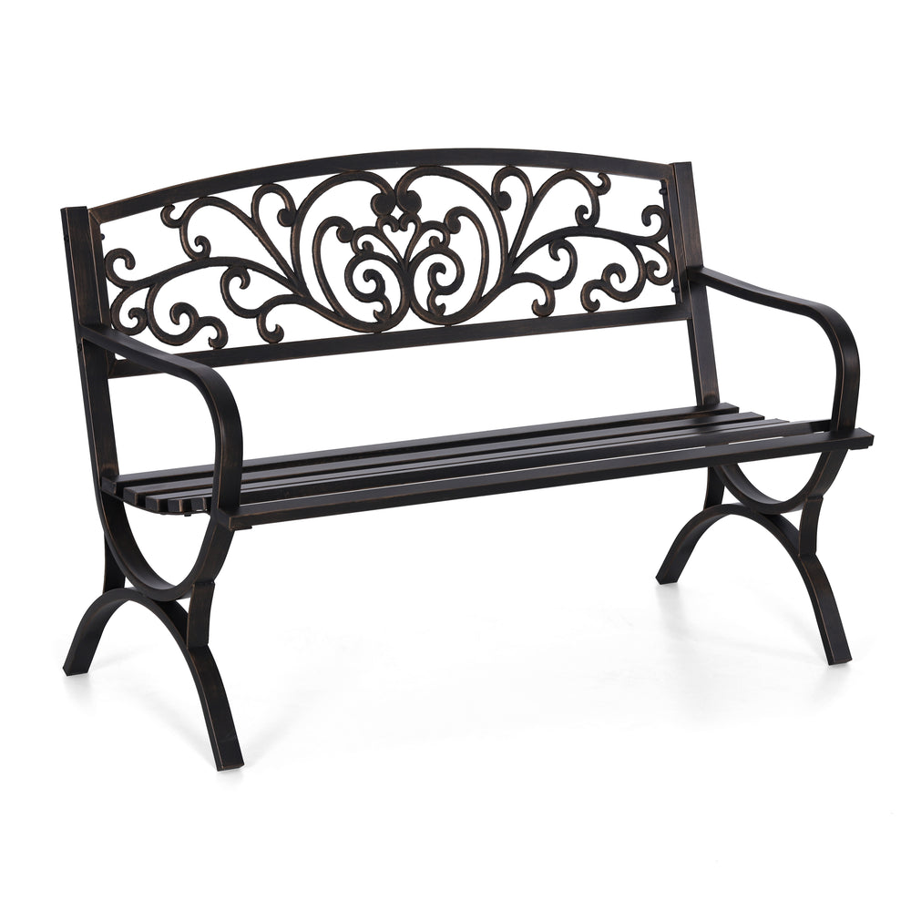 PHI VILLA 50 Inch Garden Outdoor Bench Cast Iron Steel Frame Apple Blossom Pattern