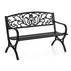 PHI VILLA 50 Inch Garden Outdoor Bench Cast Iron Steel Frame Apple Blossom Pattern