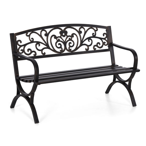 PHI VILLA 50 Inch Garden Outdoor Bench Cast Iron Steel Frame Apple Blossom Pattern
