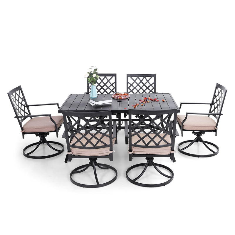 PHI VILLA 7-Piece Outdoor Patio Dining Set With Steel Panel Table and 6 Swivel Chairs