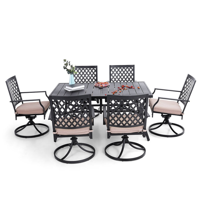 PHI VILLA 7-Piece Outdoor Patio Dining Set With Steel Panel Table and 6 Swivel Chairs