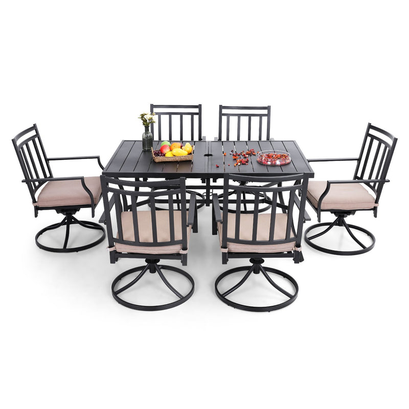 PHI VILLA 7-Piece Outdoor Patio Dining Set With Steel Panel Table and 6 Swivel Chairs