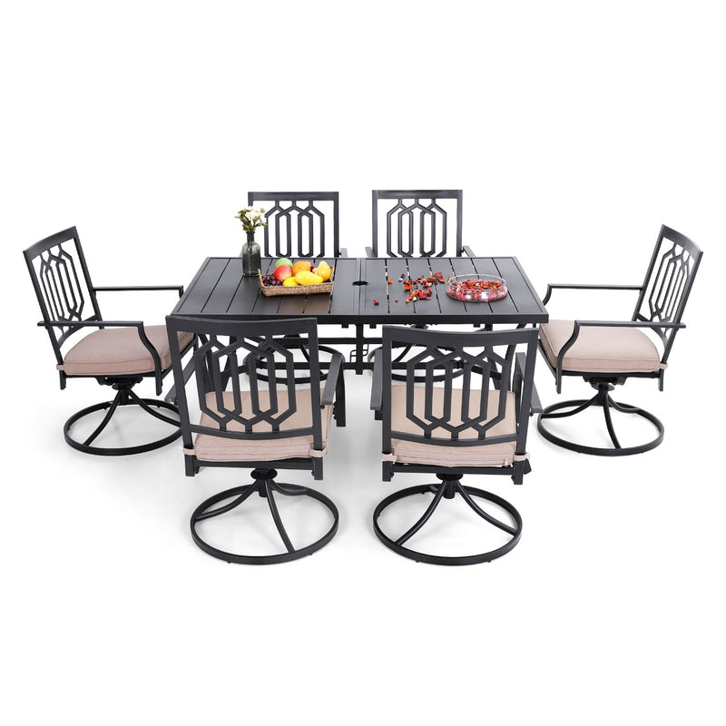 PHI VILLA 7-Piece Outdoor Patio Dining Set With Steel Panel Table and 6 Swivel Chairs