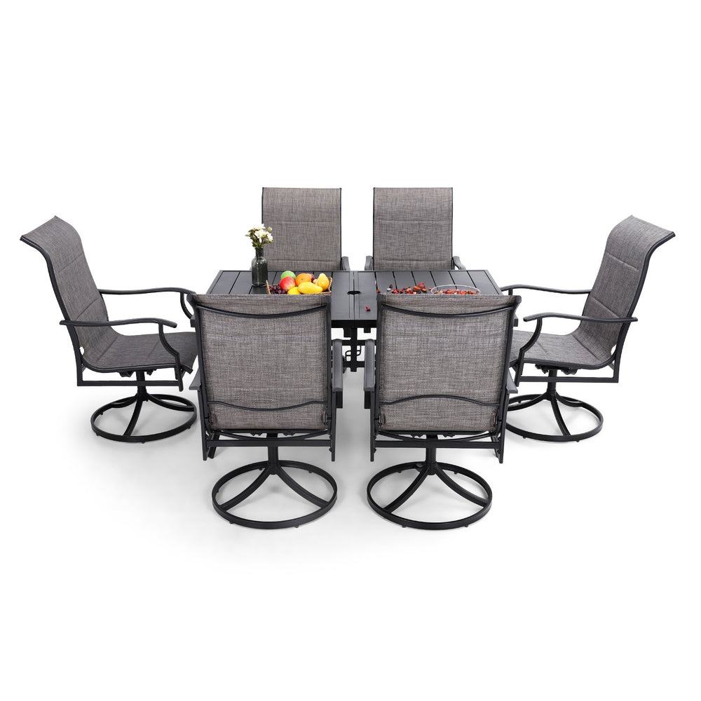 PHI VILLA 7-Piece Patio Dining Set with 6 Padded Texitilene Swivel Chairs & Steel Panel Table
