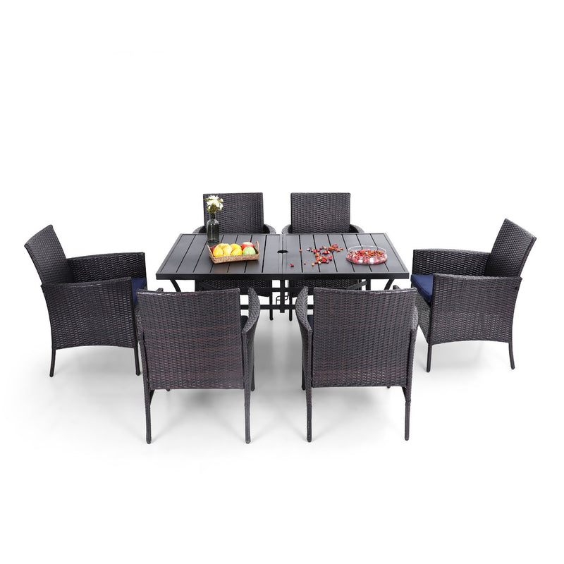 PHI VILLA 7-Piece Outdoor Dining Set with Rattan Cushioned Chairs & Steel Panel Table