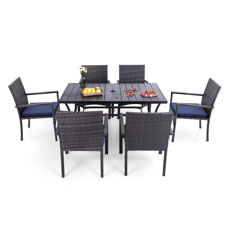 PHI VILLA 7-Piece Outdoor Dining Set with Rattan Cushioned Chairs & Steel Panel Table