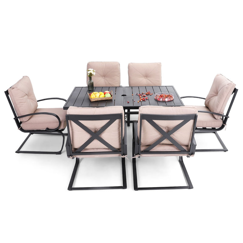 PHI VILLA 7-Piece Outdoor Dining Set With Steel Panel Table & 6 C-Spring Chairs