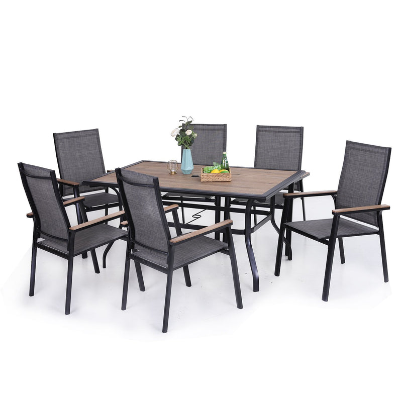 PHI VILLA 7-Piece Outdoor Dining Set with Rectangle Steel Table & 6 Textilene Dining Chairs