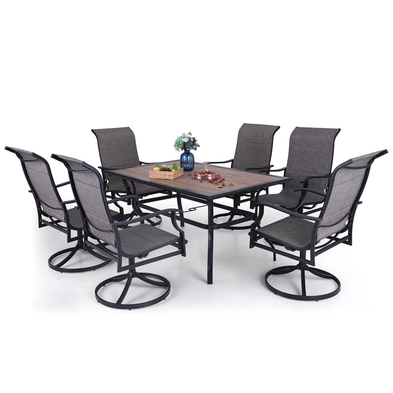 PHI VILLA 7-Piece Patio Dining Set With Wood-look Table and 6 Padded Textilene Swivel Chairs
