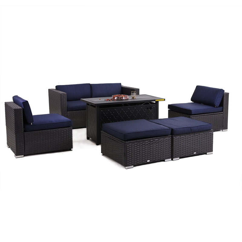 PHI VILLA 7-Piece Outdoor Fire Pit Set Wicker Sectional Sofa & 50,000BTU Rectangle Fire Pit Table