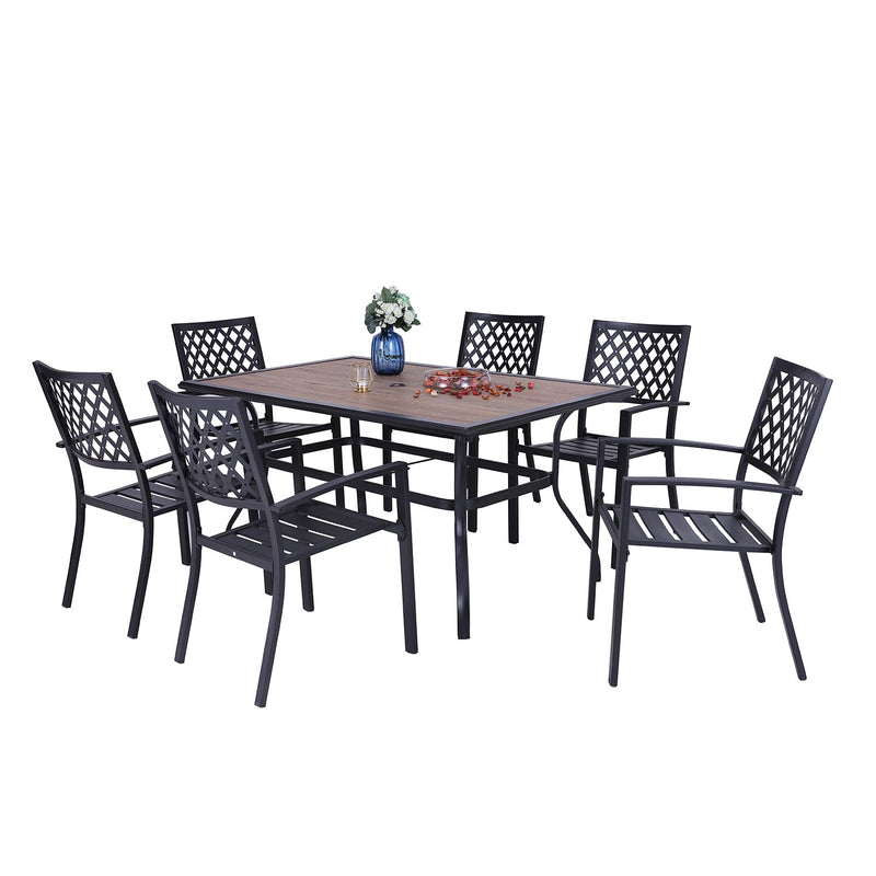 PHI VILLA 7-Piece Outdoor Patio Dining Set with Wood-look Table and 6 Stackable Metal Steel Chairs