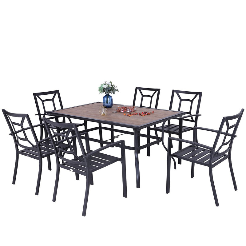 PHI VILLA 7-Piece Outdoor Patio Dining Set with Wood-look Table and 6 Stackable Metal Steel Chairs