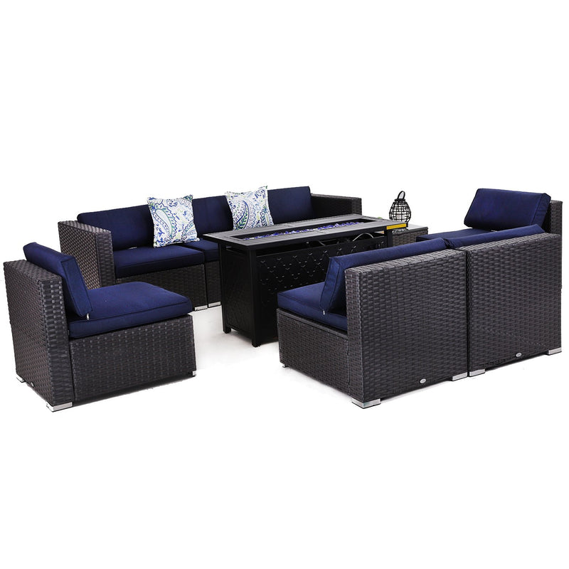 PHI VILLA 9-Piece Patio Fire Pit Set Wicker Sectional Sofa & 50,000BTU Rectangle Fire Pit Table With Lid