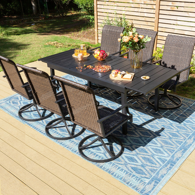 PHI VILLA 7-Piece/9-Piece Patio Outdoor Dining Set With Steel Extendable Table & Rattan Swivel Chairs