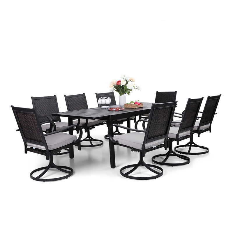 PHI VILLA 7-Piece/9-Piece Patio Outdoor Dining Set With Steel Extendable Table & Rattan Swivel Chairs