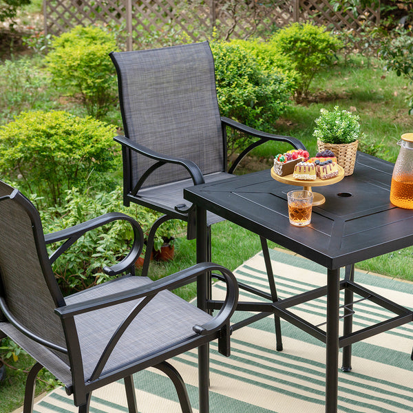 PHI VILLA 3/5 Piece Patio Bar Set of 1 Steel Coffee Table & Textilene Swivel Bar Stools