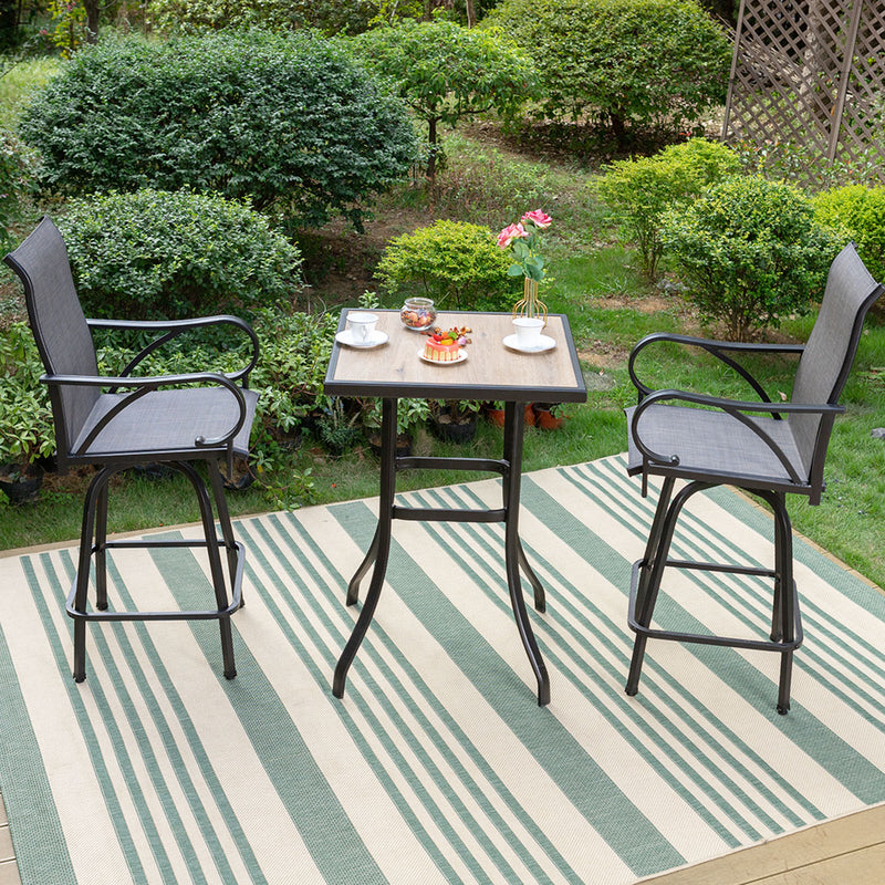 PHI VILLA 3/5 Piece Patio Bar Set of 1  Wood-look Coffee Table & Swivel Textilene Bar Stools