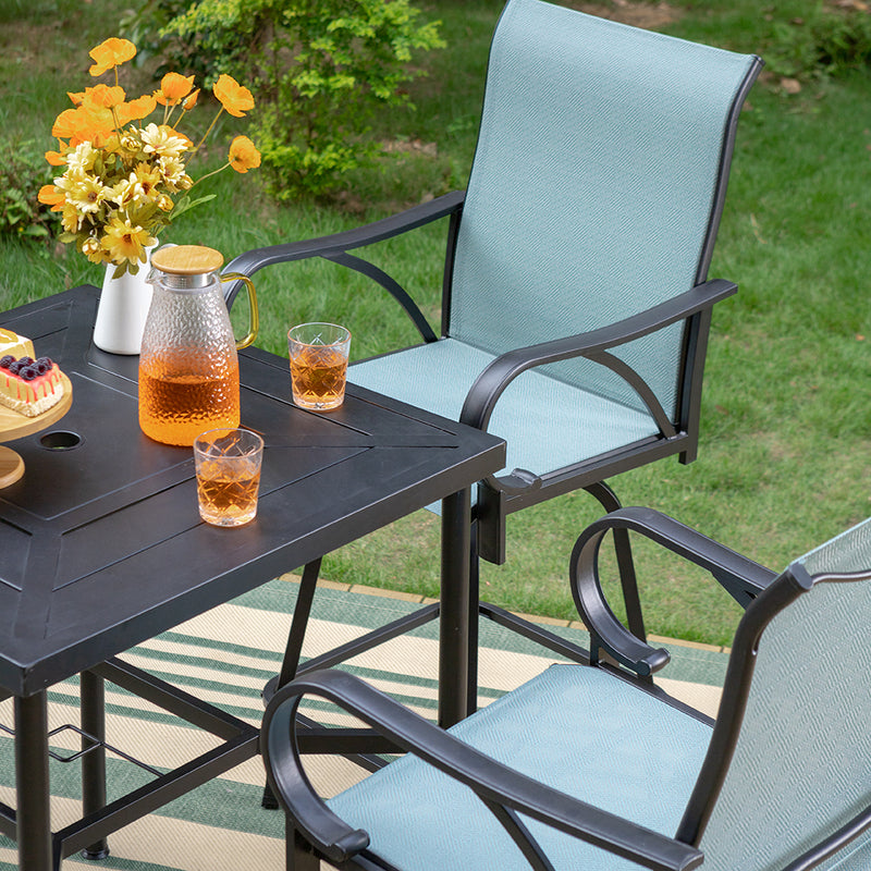 PHI VILLA 3/5 Piece Outdoor Bar Stool Set with Steel Square Table & Textilene Swivel Bar Stools