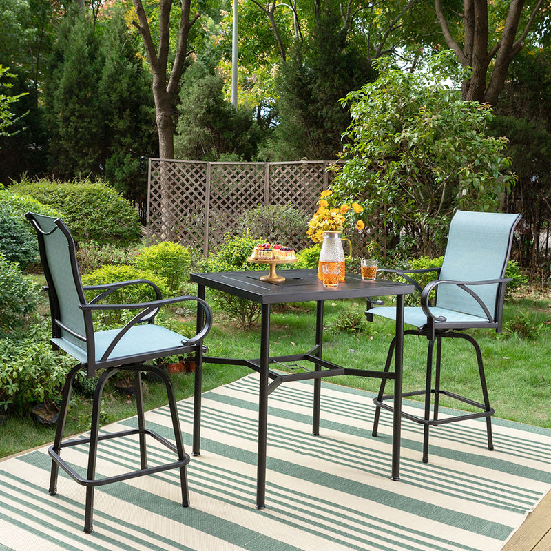 PHI VILLA 3/5 Piece Outdoor Bar Stool Set with Steel Square Table & Textilene Swivel Bar Stools