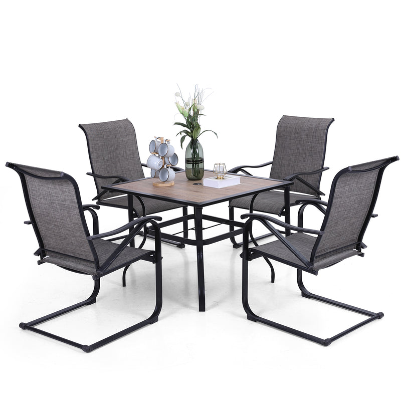Phi Villa 5-Piece Outdoor Dining Set Wood-look Square Table & 4 Textilene C-spring Chairs