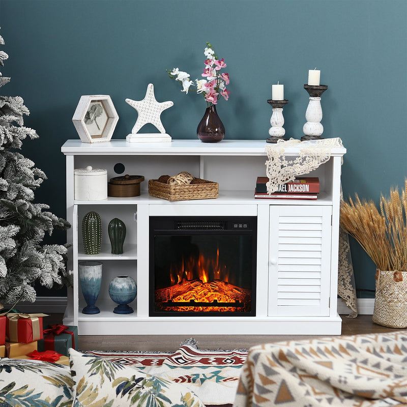 PHI VILLA 47" 1400W Electric Fireplace TV Stand Heater with Built-In Bookshelves and Cupboards - White